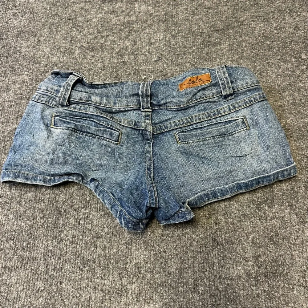 Lola Denim Shorts Womens Size 3 Blue Low Rise Distressed Mini Jean Shorts